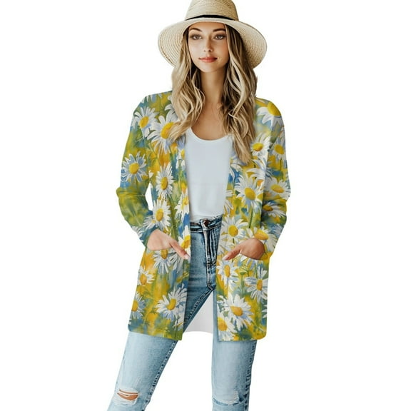 SCRAWLGOD Daisy Cardigans for Women Trendy Lightweight Sweaters for Women Open Front Long Sleeve Ladies Cardigan Jacket Size S for Vacation Breathable Sweater Coat Long