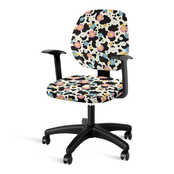 SCRAWLGOD Daisy Cow Print Black Beige Comfy Office Chair Slipcover Stretch Easy to Remove Swivel Chair Cover Washable Dustproof Desk Rotating Chair Slipcovers, 2 Piece Sets