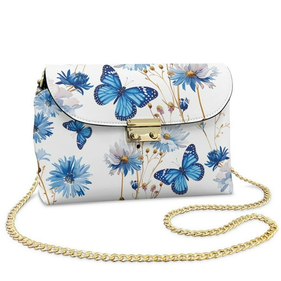 SCRAWLGOD Daisy Floral Butterfly Print Blue White Womens Small Crossbody Bags PU Leather Scratch Resistant Crossbody Handbags Trendy Travel Shoulder Bag with Detachable Chain