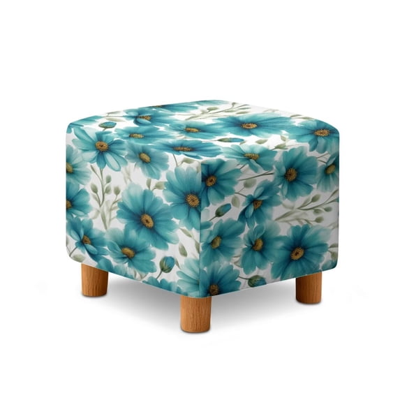 SCRAWLGOD Daisy Floral Print Teal White Ottoman Cover Square, Stretch Thick Ottoman Slipcover Washable Storage Ottoman Cover Foot Stool Cover with Elastic Bottom for Living Room