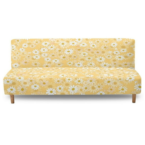SCRAWLGOD Daisy Floral Print Yellow Stretch Futon Slipcover Armless Sofa Cover Futon Mattress Covers Without Armrests Sofa Bed Furniture Protector Covers with Elastic Bottom