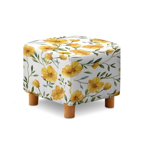 SCRAWLGOD Daisy Floral Print Yellow White Ottoman Cover Stretch Square Ottoman Slipcover for Foot Stool, Anti-Scratch Folding Storage Furniture for Living Room with Nonslip Elastic Bottom