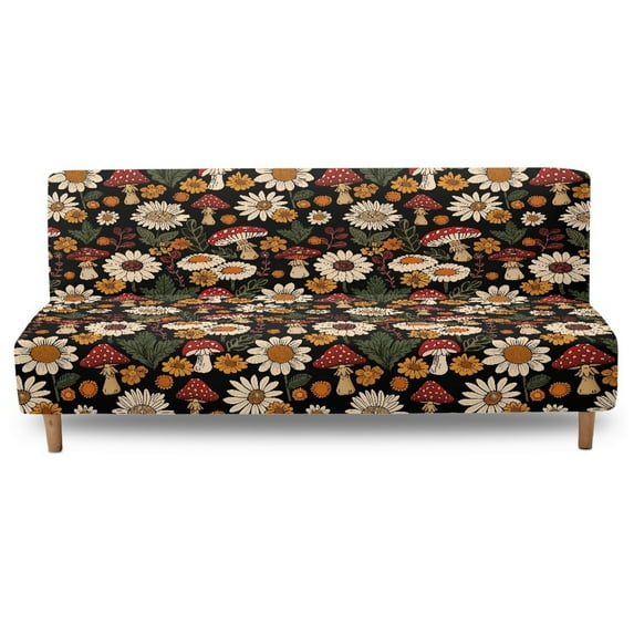 SCRAWLGOD Daisy Flower Mushroom Print Black Futon Cover High Stretch Armless Sofa Covers Sofa Bed Covers Futon Slipcover Scratch Resistant Furniture Protector for Pets
