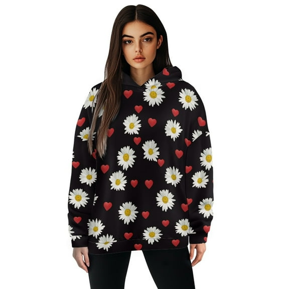 SCRAWLGOD Daisy Heart Hoodie for Women Graphic Pullover Hoddies for Women Oversized Crewneck Sweatshirt Sportswear Hoodie Women Warm Long Sleeve Tops for Women Skating Size S