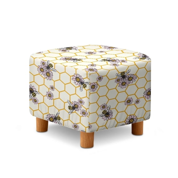 SCRAWLGOD Daisy Honeycomb Bee Print Beige Stretch Ottoman Cover Square Ottoman Slipcovers Furniture Protector, Storage Stool Furniture Protector with Elastic Bottom for Foot Stool