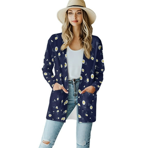 SCRAWLGOD Daisy Long Sleeve Cardigan for Women Lightweight Jacket Dressy Cardigan Sweater Size XL Stretchable Open Front Long Cardigans for Women Daily Life