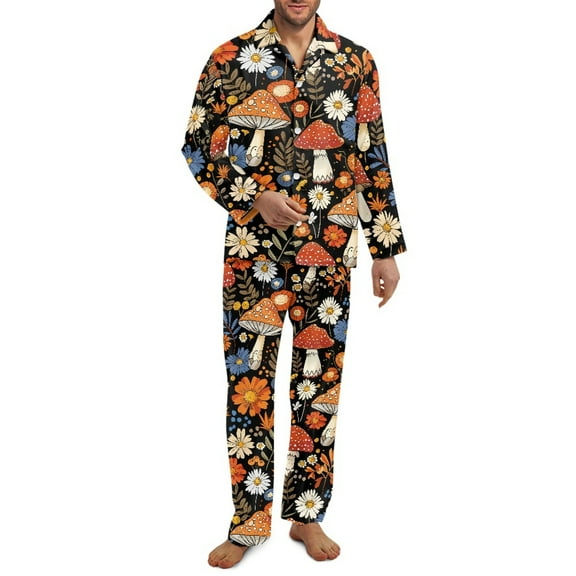 SCRAWLGOD Daisy Mushroom Leaf Print Mens Polyester Pajama Set with Pockets, Long Sleeve Button Down Pajama Set for Men, Men's Sleepwear, Notch Collar Casual Loungewear, 4XL