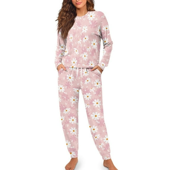 SCRAWLGOD Daisy Pajamas Women Long Sleeve Pjs for Women 2 Piece Outfits Sets Casual Crewneck Woman Nightwear Size L Comfortable Ladies Jogger Pjs Set