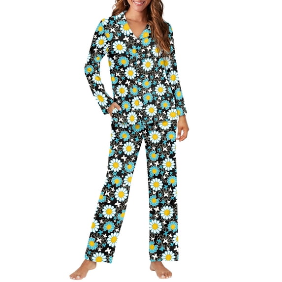 SCRAWLGOD Daisy Pajamas for Women Set of 2 Pjs Women Long Sleeve Nightwear for Women V Neck Open Front Pajama Top Comfy Pajama Sets for Women Clothing Fall Size L