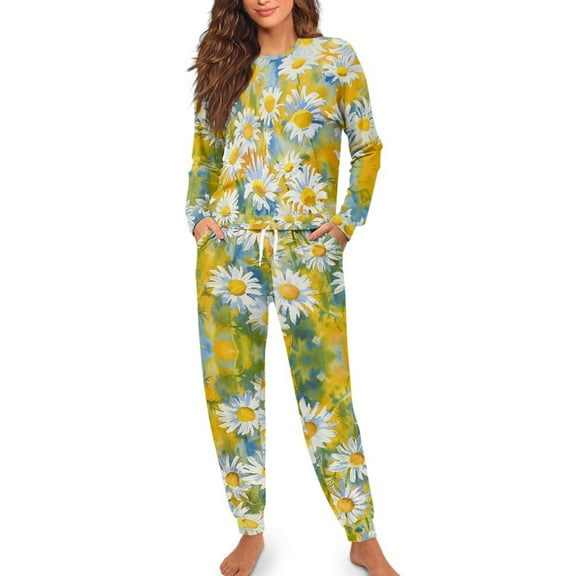 SCRAWLGOD Daisy Pajamas for Women Set of 2 Pjs Women Long Sleeve Tops and Pants Size S Crewneck Pajama with Pockets Lightweight Women's Soft Loungewear