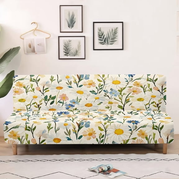 SCRAWLGOD Daisy Pattern Armless Sofa Slipcover with Elastic Bottom 1 Piece Sofa Cover Washable Anti-Slip Furniture Protector Couch Cover for Living Room