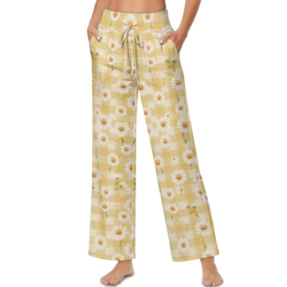 SCRAWLGOD Daisy Plaid Print Beige Women's Casual Wide Leg Pants High Waist Drawstring Trousers Trendy Comfortable Elastic Lounge Palazzo Trousers Pants with Pockets, XL