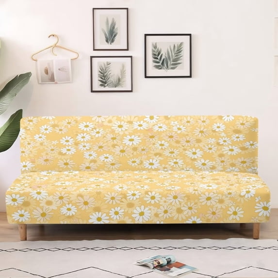 SCRAWLGOD Daisy Print Sofa Cover Armless Sofa Slipcover for Living Room Stretch Dustproof Futon Slipcover Washable 1 Piece Couch Cover