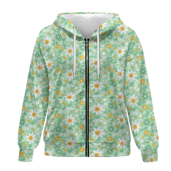 SCRAWLGOD Daisy Print Women's Hoodies Zip Up Hoodie for Women with Design Long Sleeve Womens Zipper Hoodies Sweatshirt Size L Loose Women Clothing Trendy for Picnic