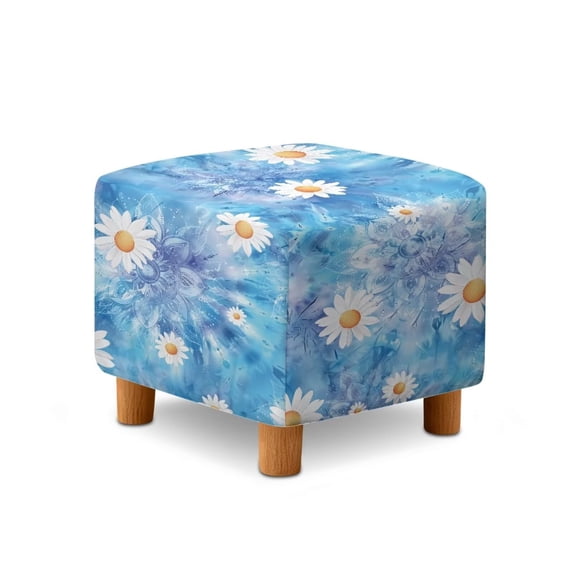 SCRAWLGOD Daisy Tie-Dye Print Blue Square Ottoman Slipcover, Removable Washable Footrest Stool Cover Foldable Storage Furniture Protector Elastic Ottoman Cover for Pets