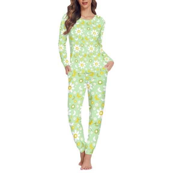SCRAWLGOD Daisy Women's Pajamas Long Sleeve Pjs for Women Set Fall Pj Sets for Woman Crewneck Printed Pajama Set for Women Size XS Casual Womens Pajama Sets