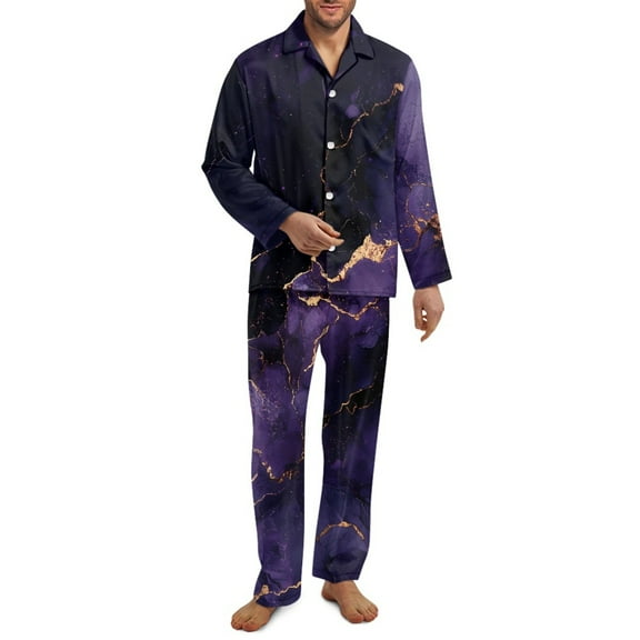 SCRAWLGOD Dark Violet Marble Print 2 Pack Mens Pajama Set, Soft Long Sleeve Sleepwear with Pockets, Cozy Lightweight Notch Collar Button-Down Pjs for Men with Elastic Band, XL