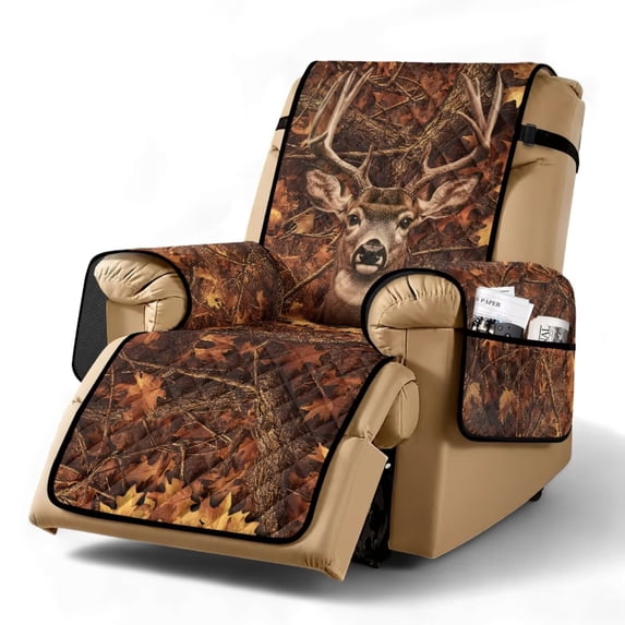 SCRAWLGOD Deer Camo Hunting Print Non Slip Recliner Chair Cover Removable Anti Dust Furniture Protector Washable Reclining Cover with Elastic Straps