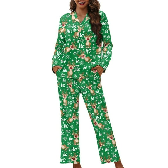 SCRAWLGOD Deer Ho Ho Pajamas Women Long Sleeve Button Up Pajama Top Women Soft V Neck Christmas Sleepwear for Women Size XS Comfy 2-Piece Lounge Set Women