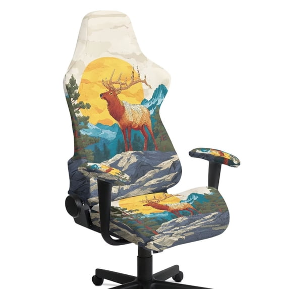 SCRAWLGOD Deer Mountain Sun Print Gaming Chair Cover, Breathable Computer Chairs Protection Cover with Armrest Covers Washable Computer Reclining Chair Seat Cover with Zipper for Home Studio