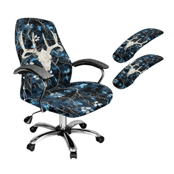 SCRAWLGOD Deer Skull Branch Comfortable Office Chair Slipcover with Arm Rest Covers Dustproof Swivel Chair Protector Washable High Back Chair Cover, 3 Pieces Set, S