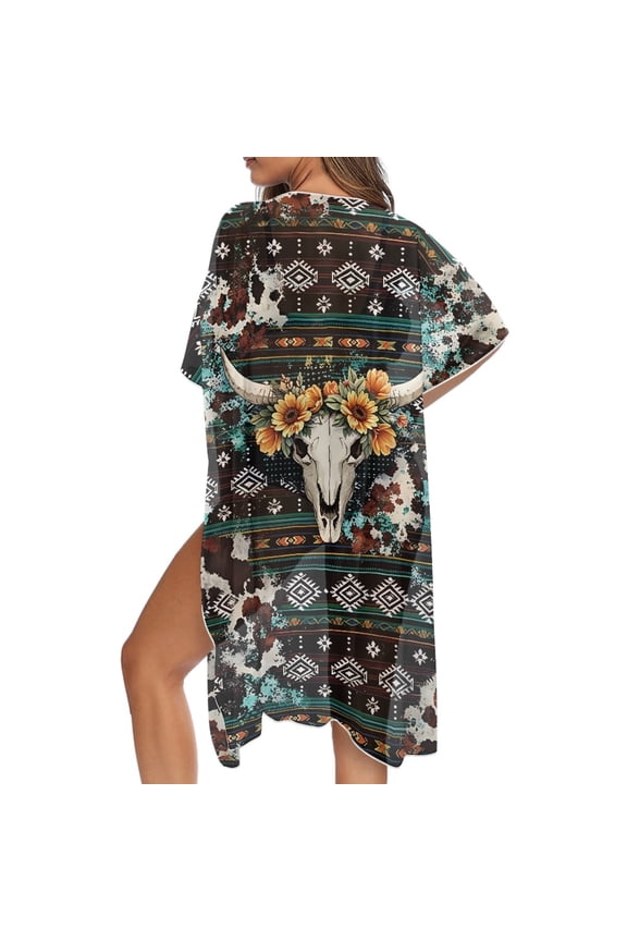 Deer Skull Print Women's Beach Cover Up Soft Lightweight Swimsuit Coverup Sunflower Aztec Print Sheer Breathable Bathing Suit Cover Up
