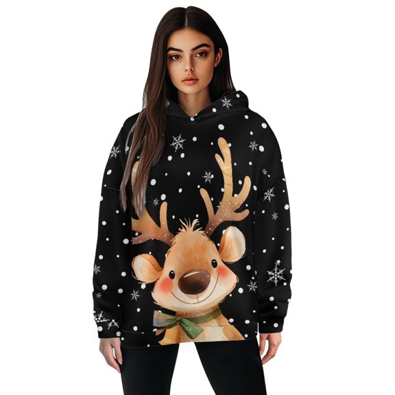 SCRAWLGOD Deer Snowflakes Women Graphic Sweaters for Women Plus Size XL Pullover Hoddies Loose Hoodie Women Graphic Long-Sleeve Ladies Hooded Sweaters for Christmas