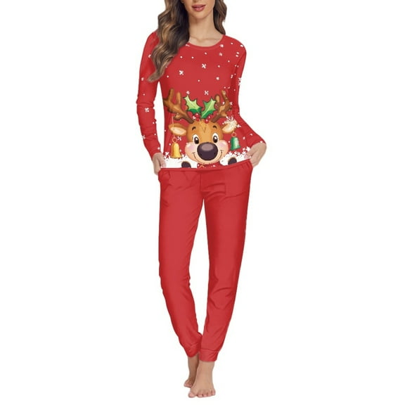 SCRAWLGOD Deer Women's Pajama Set Long Sleeve Sleepwear Ladies Soft Pjs Lounge Set Size 4XL Crewneck Set of 2 Christmas Pajamas for Women Casual Soft Women Sleepwear