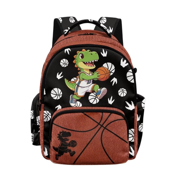 SCRAWLGOD Dinosaur Basketball Print Red Black Kids Backpacks for Boys Girls Multi-Pocket Large Daypack Casual Knapsack Elementary Primary Middle School Bookbags