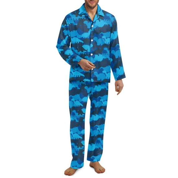 SCRAWLGOD Dinosaur Print Blue Mens Polyester Cozy Pajama Set, Lightweight Button-Down Long Sleeve Pajama Set for Men with Pockets, Men's Sleepwear, Casual Loungewear, M