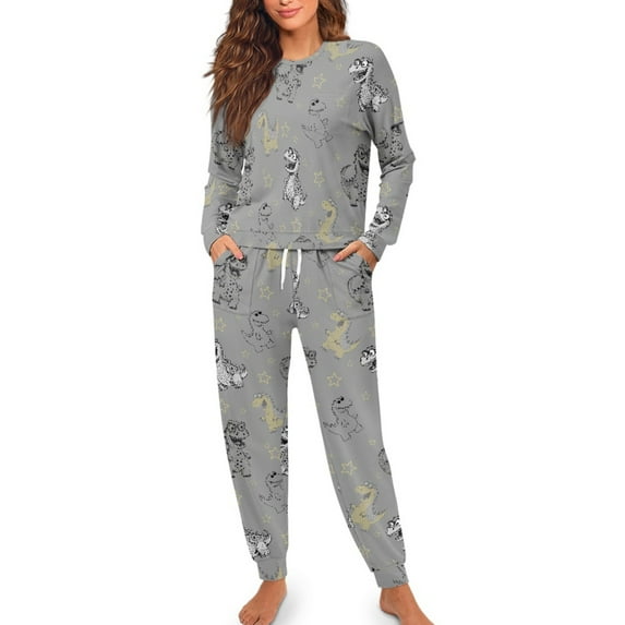 SCRAWLGOD Dinosaur Star Print Gray Women's 2 Pieces Pajama Sets Lightweight Comfortable Long Sleeve Lounge Sets Wrinkle-Free Pjs Sleepwear with Pockets & Drawstring, M