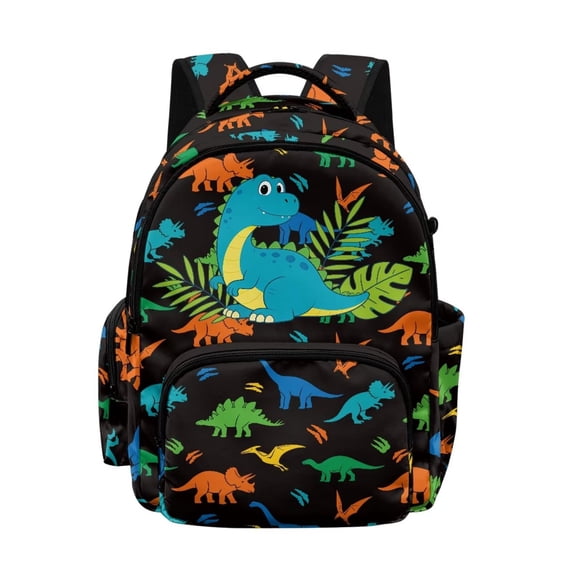 SCRAWLGOD Dinosaur Tropical Leaf Print Black 17 inch Backpack for Women Men Large College Bookbags Kids School Bag for Girls Boys Multi-Pocket Portable Large Knapsack