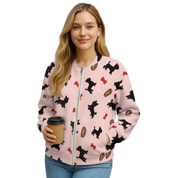 SCRAWLGOD Dog Bone Spots Print Black Full Zip Up Sweatshirt for Women Crewneck No Hood Fall Winter Trendy Casual Loose Long Sleeve Workout Jacket with Pockets for Daily Wear, M