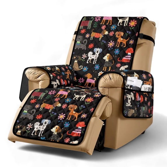 SCRAWLGOD Dog Floral Print Recliner Chair Cover Breathable Anti Dust Furniture Protector Non Slip Recliner Cover with Elastic Straps