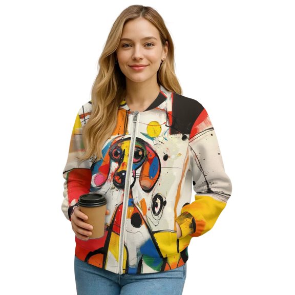 SCRAWLGOD Dog Oil Painting Style Print Women's Crewneck Zip up Long Sleeve Jacket with Pockets Running Sweatshirts Jackets Hoodless Stylish Comfortable Lightweight Coat, 3XL