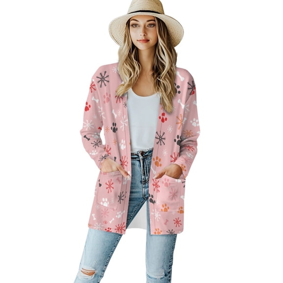 SCRAWLGOD Dog Paw Light Cardigan Sweaters for Women Fall Cardigan Sweaters for Women Size M Long Sleeve Sweatshirt Cardigan Women Stretchy Sweater Coat Long