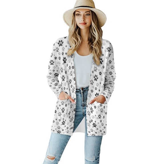 SCRAWLGOD Dog Paw Long Cardigan for Women Lightweight Open Front Jacket Coat Outwear Long Sleeve Womens Cardigans Dressy Stretchy Work Cardigan for Women Office Size XL