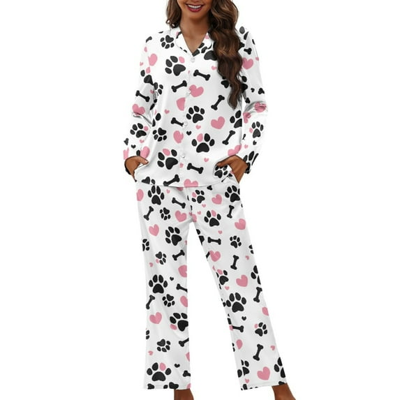 SCRAWLGOD Dog Paw Pajamas for Women Long Sleeve Pj Women Heart Pajama Sets Fall Size XS V Neck 2-Piece Lounge Set Women Washable Button Up Pjs for Women
