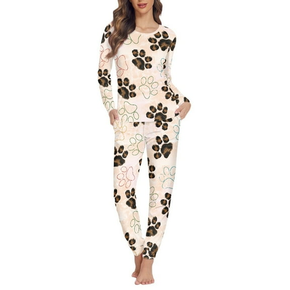 SCRAWLGOD Dog Paw Pajamas for Women Pjs Sets Long Sleeve Nightwear for Women 2 Piece Outfits Crewneck Ladies Jogger Elastic Pajama Set with Pockets Size L