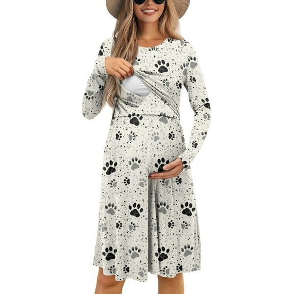 SCRAWLGOD Dog Paw Pregnancy Dresses for Women Long Sleeve Maternity Nursing Dress Size L Round Neck Knee Length Dress for Women Casual Outfits Loose Pleat Dress Women Party