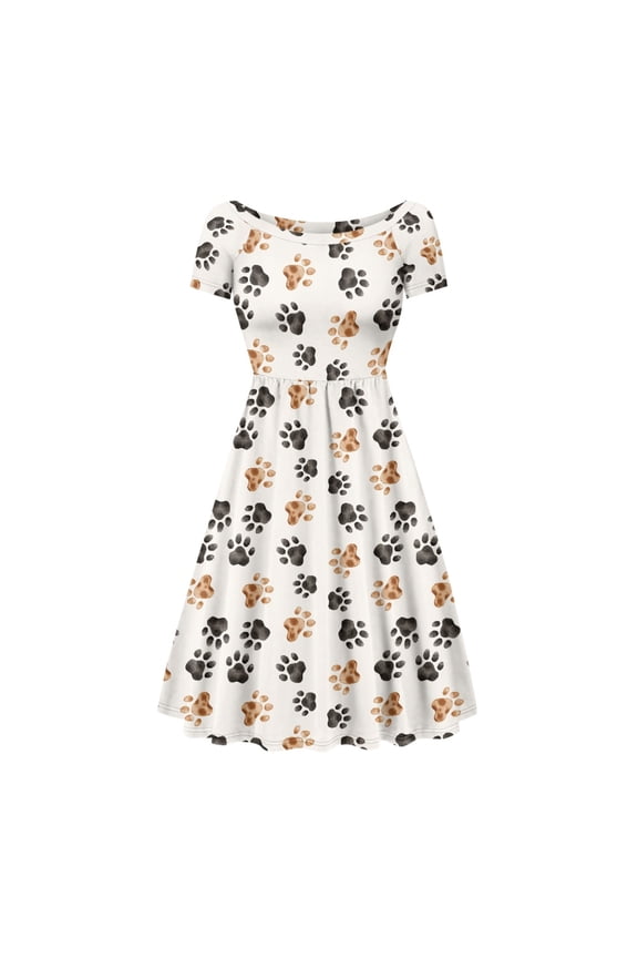 Dog Paw Print Dress Women Casual Summer Dresses Midi Length with Sleeves Elastic Ladies A Line Summer Dresses with Sleeves Size M Wide Neck Swing Dresses for Vacations