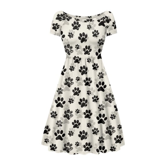 SCRAWLGOD Dog Paw Print Dress Women Casual Summer Dresses Midi Length with Sleeves Elastic Women's Summer Short Sleeve A-Line Midi Dresses with Wide Neck for Vacations Size XS