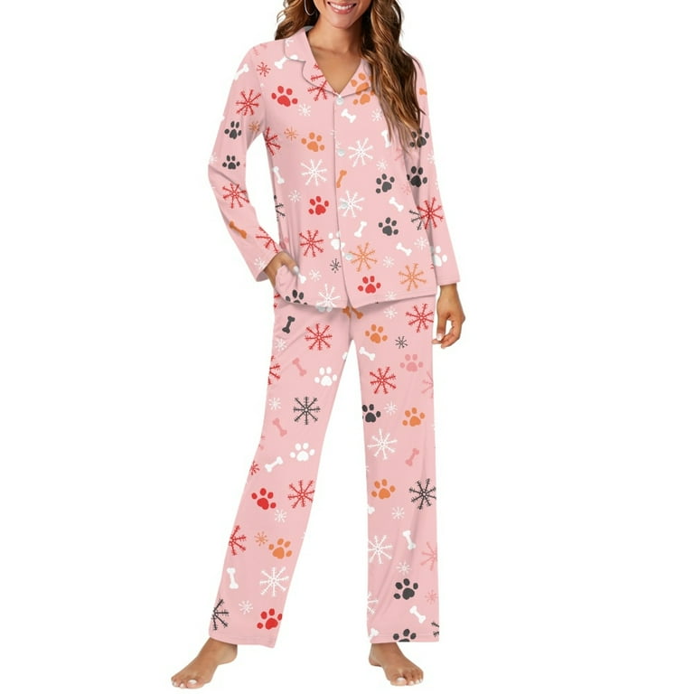SCRAWLGOD Dog Paw Print Pajamas Womens Long Sleeve Pajama Sets for