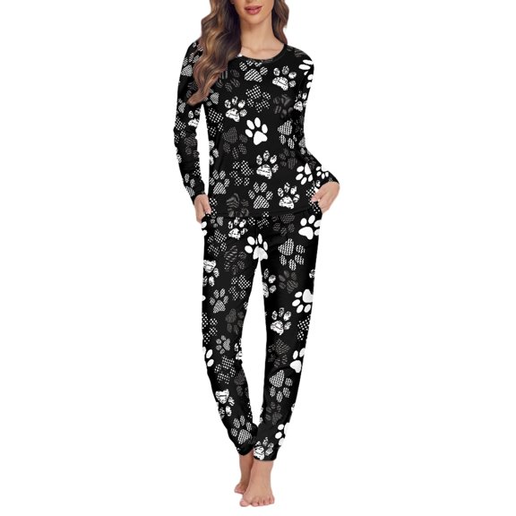 SCRAWLGOD Dog Paw Women's 2 Piece Pajama Sets Women Fall Pjs Sets for Women with Pockets Size 6XL Crewneck Long Sleeve Pajama Set Comfy Graphic Pj Set