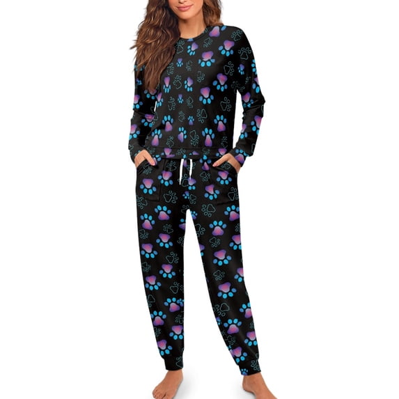SCRAWLGOD Dog Paw Women's Pajamas Sets Long Sleeve Nightwear for Women Pj Set of 2 Drawstring Graphic Pajama Set Size X-Large Breathable Women Loungewear