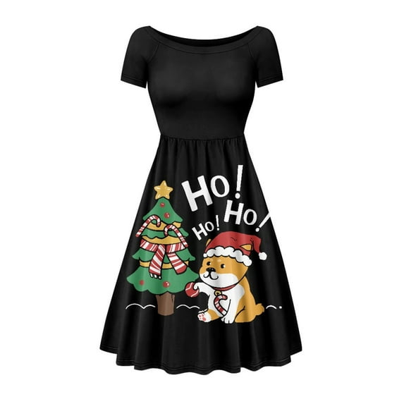 SCRAWLGOD Dog Print Dress for Women Plus Size L Christmas Tree Summer Dresses with Short Sleeves Lightweight Pleat Dress for Women Midi Crewneck for Holidays