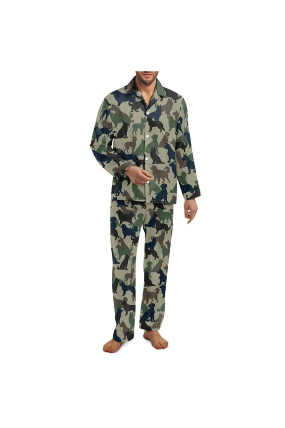 Dogs Print Green Mens Pajamas Set, 2 Pieces Breathable Cozy Notch Collar Pajamas for Men, Casual Long Sleeve Mens Sleepwear with Pockets & Elastic Band, XL