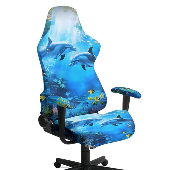 SCRAWLGOD Dolphin Fish Sea Print Blue Print Gaming Chair Cover Set of 4, Stretchable Chair Protective Cover with 2 Pieces Arm Rest Cushion Anti-Dust Universal Chair Slipcover Protector