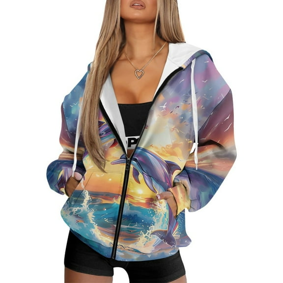 SCRAWLGOD Dolphin Ocean Sunset Seagull Sporty Full Zipper Hoodies for Women Oversized Soft Sweater Casual Outfits Comfy Trendy Cardigan with Drop Shoulder for School Work Party, M
