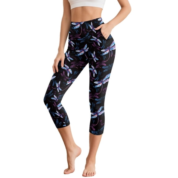SCRAWLGOD Dragonfly Blue Black Capri Yoga Pants for Women with Pockets Slim Soft Tummy Control Workout Leggings Lightweight Breathable Non See Through Cropped Tights, L